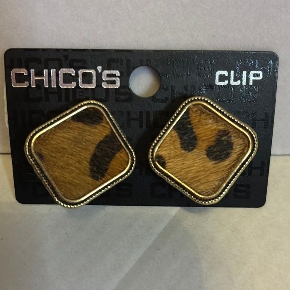Chicos Clip On Earrings Leopard Print Calf Hair Gold Tone Square NWT New Jewelry